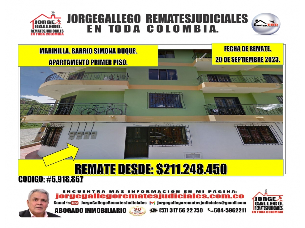 Remate. Marinilla. Barrio Simona Duque. Apartamento. 1er piso.