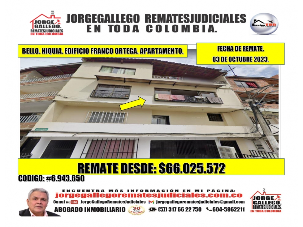 Remate. Bello. Niquia. Edificio Franco Ortega. Apartamento