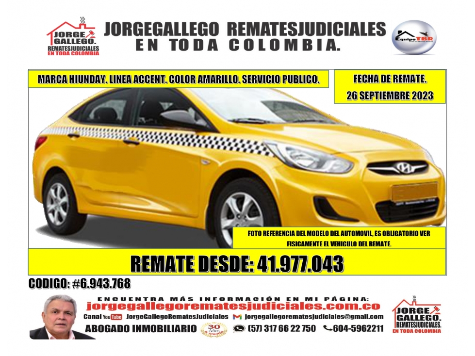 Remate.  Marca Hiunday. Modelo 2011. Color Amarillo. Servcio Publico.