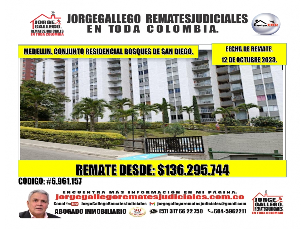 Remate. Medellin. Conjunto residencial Bosques de San Diego. Apto.