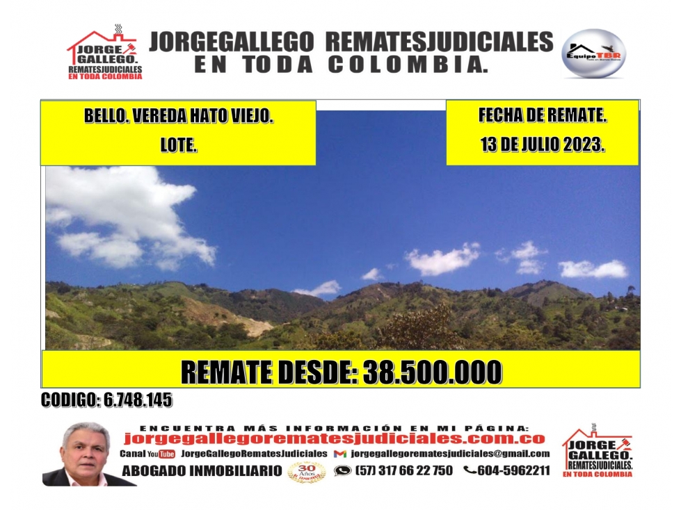 Remate. Bello. Vereda Hato Viejo. Lote.