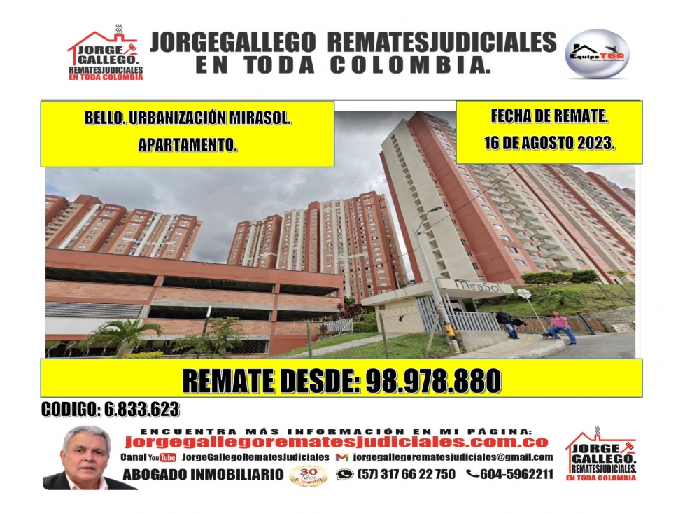 Remate. Bello. Urbanización Mirasol. Apartamento